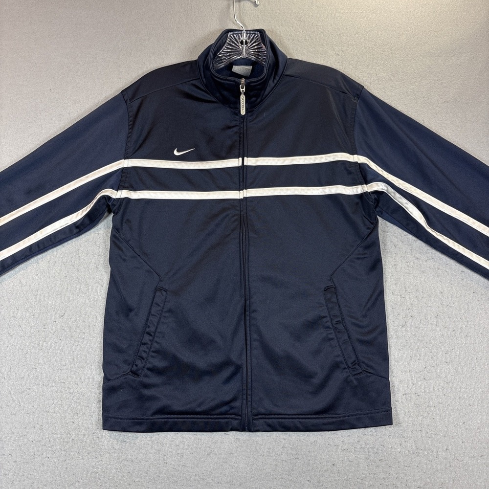 Nike Youth Large Navy Blue Full Zip‎ Soccer Jacket with White Sleeve Stripes